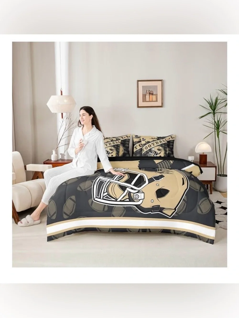 American Rugby Football City Comforter Set. Queen, Vacuum Sealed, Black&Brown